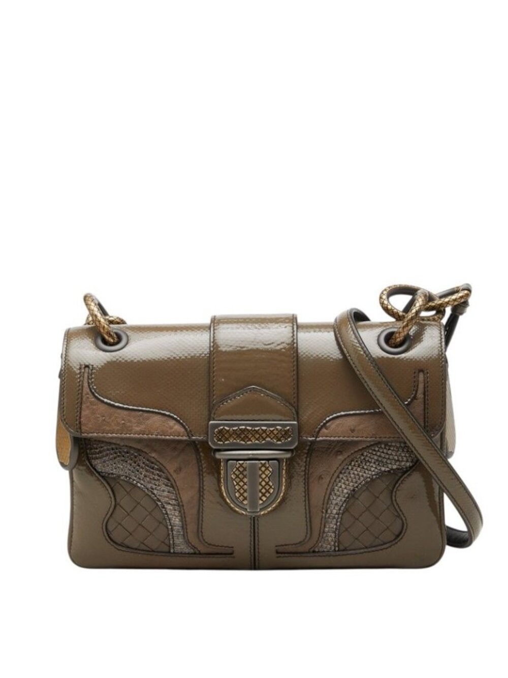 Bottega Veneta Intrecciato Shoulder Bag Brown Gray Patent Leather Silver